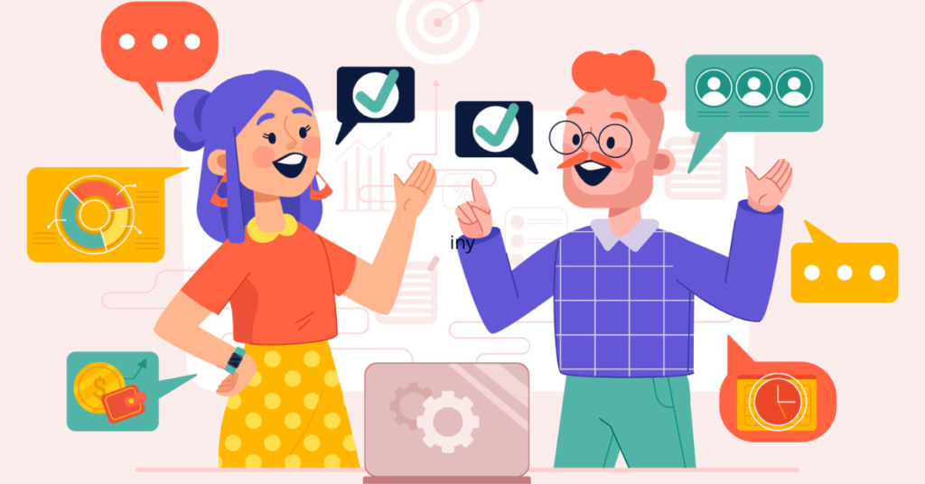 Ilustração de duas pessoas conversando, representando o conceito de Marketing Conversacional. No fundo, há ícones de chat, gráficos, metas e interações digitais, simbolizando estratégias de engajamento e automação no atendimento ao cliente.