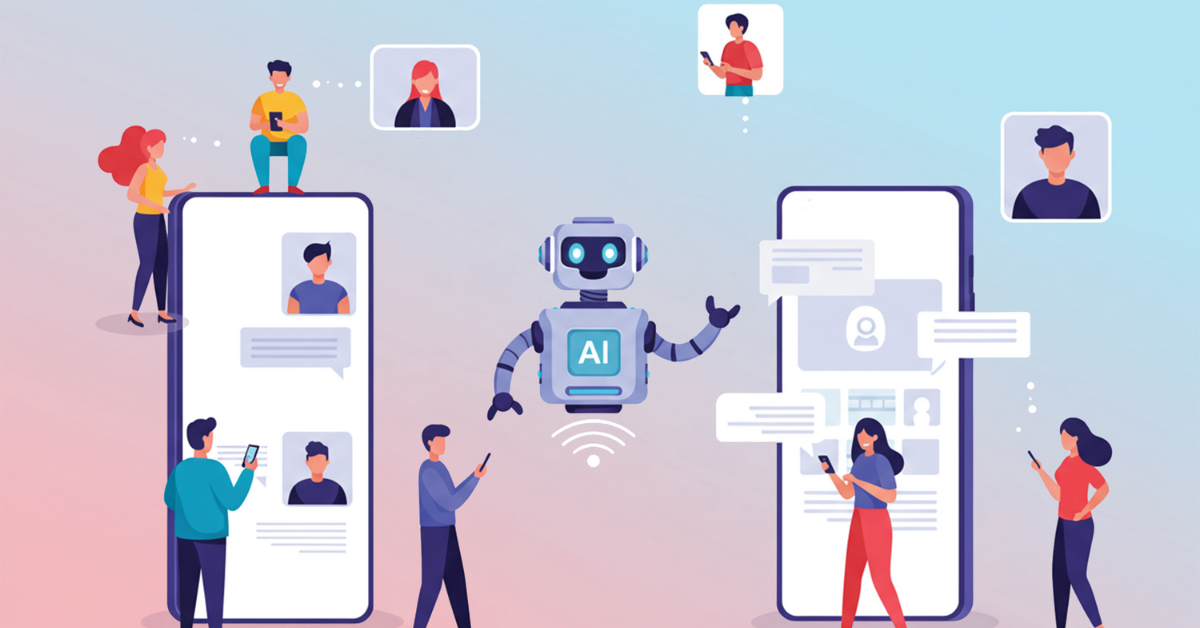 “Ilustração de um agente de IA autônomo interagindo com pessoas via smartphones em um ambiente digital.”