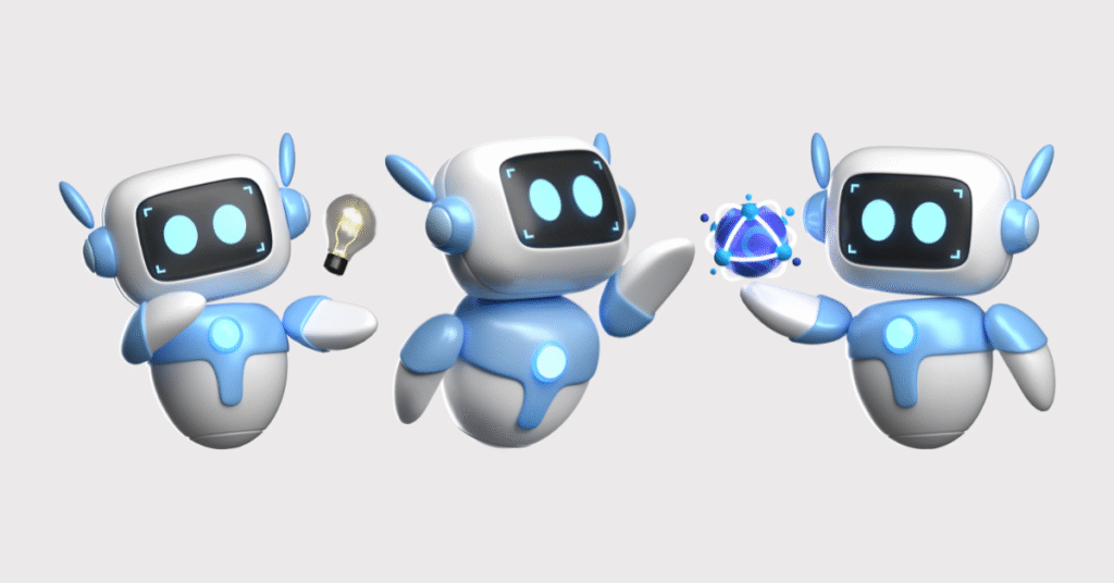 “Ilustração de três robôs colaborativos representando multiagentes de IA trabalhando juntos em soluções inteligentes.”