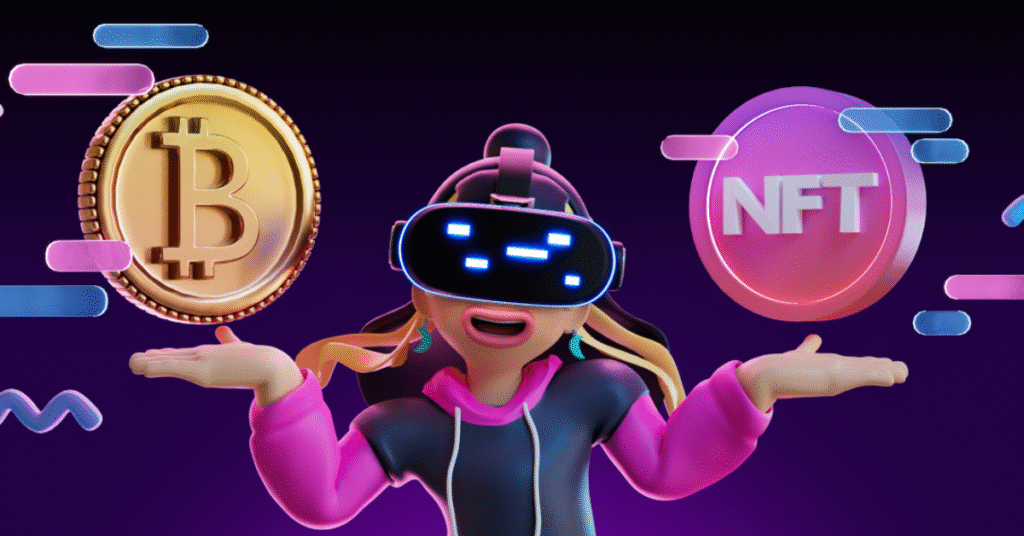“Personagem feminina com óculos de realidade virtual entre ícones de Bitcoin e NFT, representando inovação, ativos digitais e tokenização no marketing”